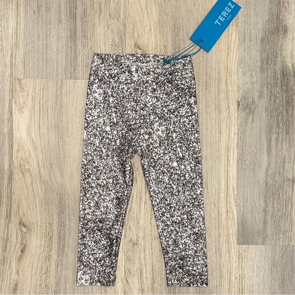 Nwt Terez Toddler Girl’s Yoga Pants Leggings Silver Glitter Print Size 2t